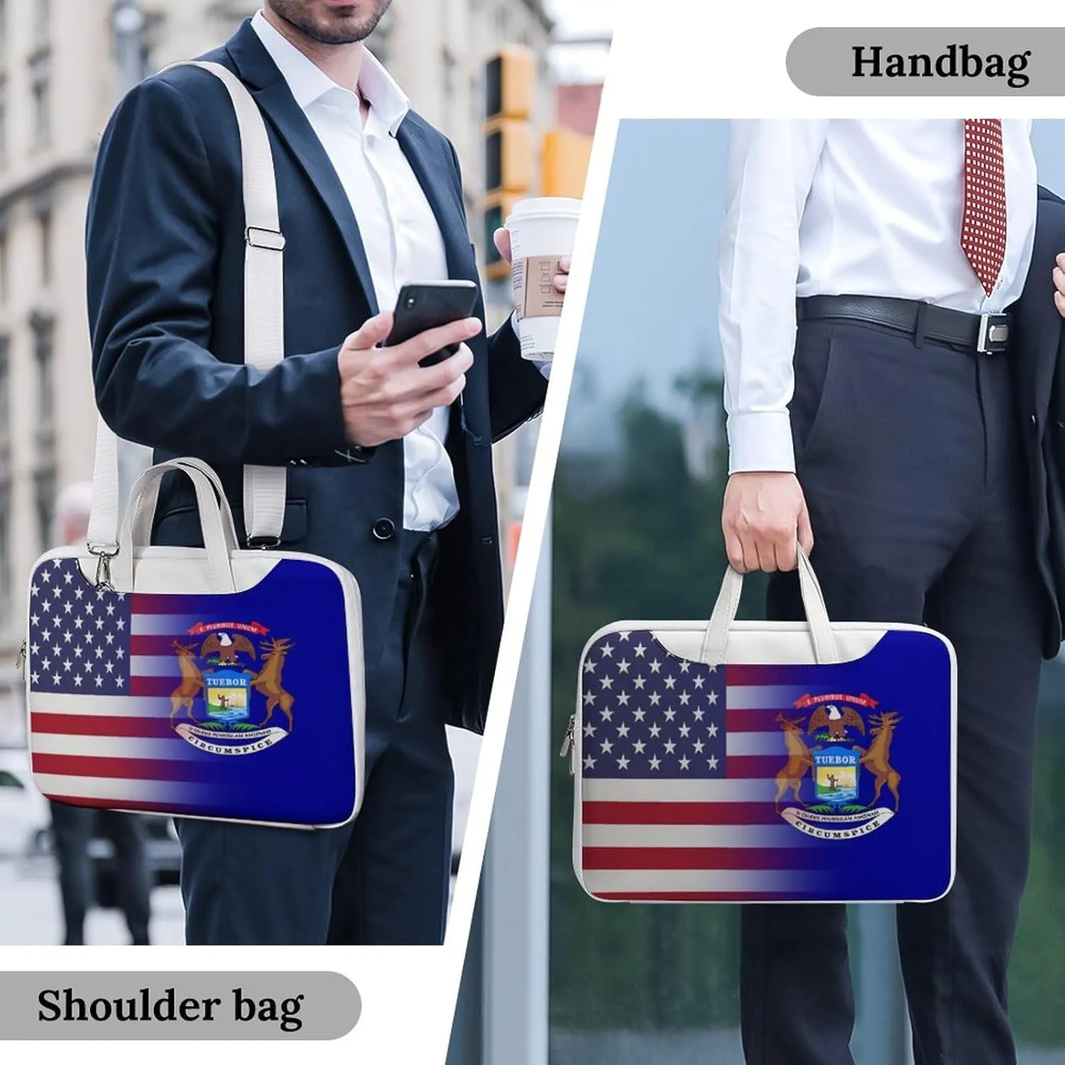 U.S.A Michigan State Flag Leather Bag Laptop Case Slim Water Resistant Computer Bags with Handle Briefcase for Work