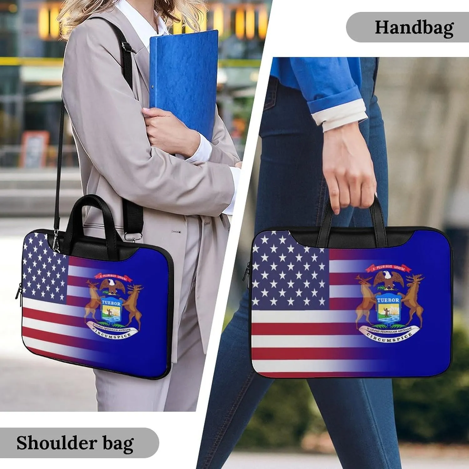 U.S.A Michigan State Flag Leather Bag Laptop Case Slim Water Resistant Computer Bags with Handle Briefcase for Work