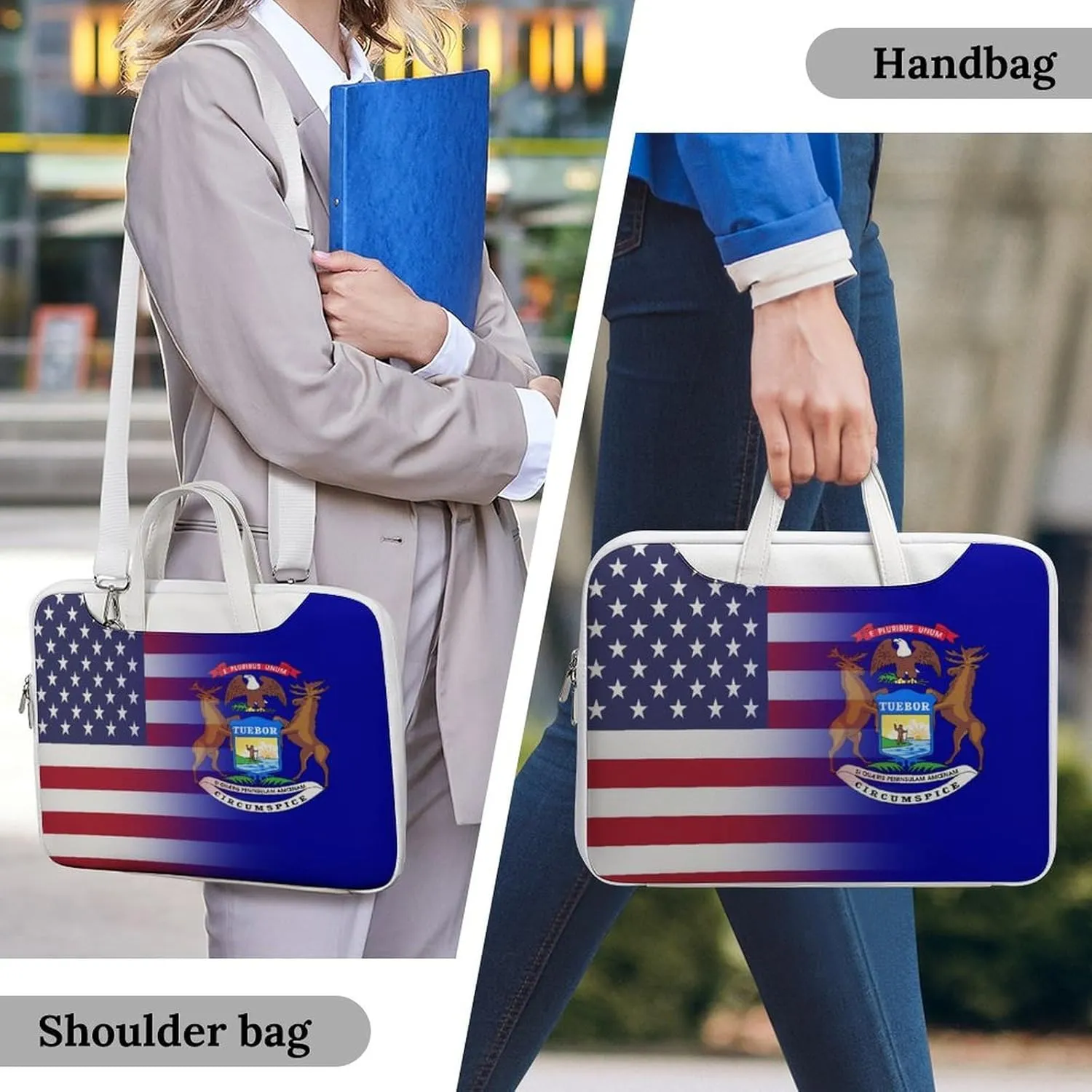 U.S.A Michigan State Flag Leather Bag Laptop Case Slim Water Resistant Computer Bags with Handle Briefcase for Work