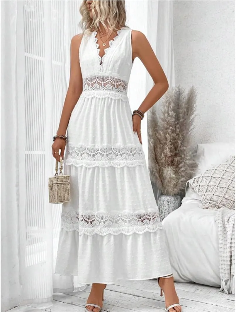 utcoco Womens Summer Embroidery Crochet Maxi Dresses Spliced Hollow Out V Neck Casual Sleeveless Flowy Boho Long Dress