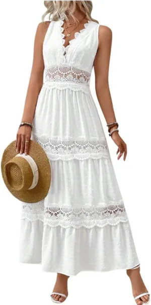 utcoco Womens Summer Embroidery Crochet Maxi Dresses Spliced Hollow Out V Neck Casual Sleeveless Flowy Boho Long Dress