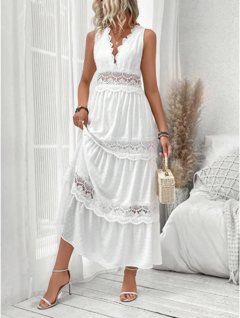 utcoco Womens Summer Embroidery Crochet Maxi Dresses Spliced Hollow Out V Neck Casual Sleeveless Flowy Boho Long Dress