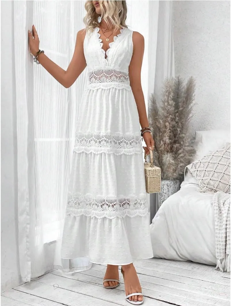 utcoco Womens Summer Embroidery Crochet Maxi Dresses Spliced Hollow Out V Neck Casual Sleeveless Flowy Boho Long Dress