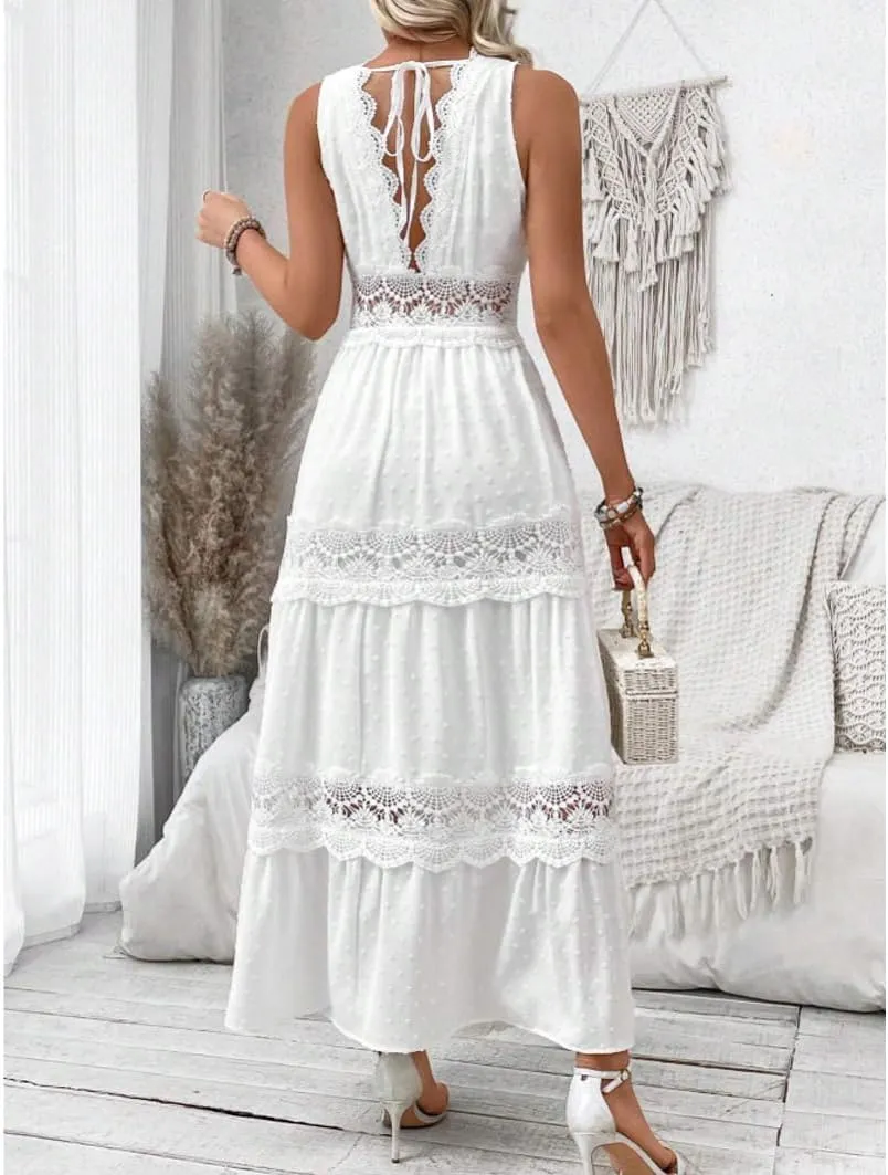 utcoco Womens Summer Embroidery Crochet Maxi Dresses Spliced Hollow Out V Neck Casual Sleeveless Flowy Boho Long Dress