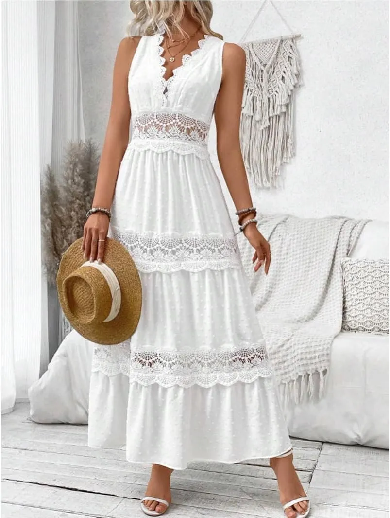 utcoco Womens Summer Embroidery Crochet Maxi Dresses Spliced Hollow Out V Neck Casual Sleeveless Flowy Boho Long Dress