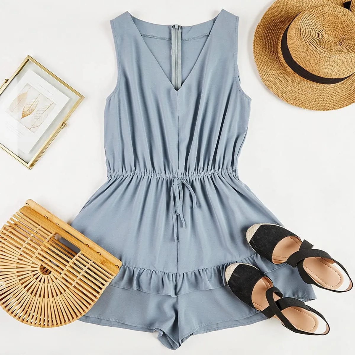 Valphsio Womens V Neck Beach Tank Rompers Flowy Ruffle Layered Shorts Jumpsuit High Waist