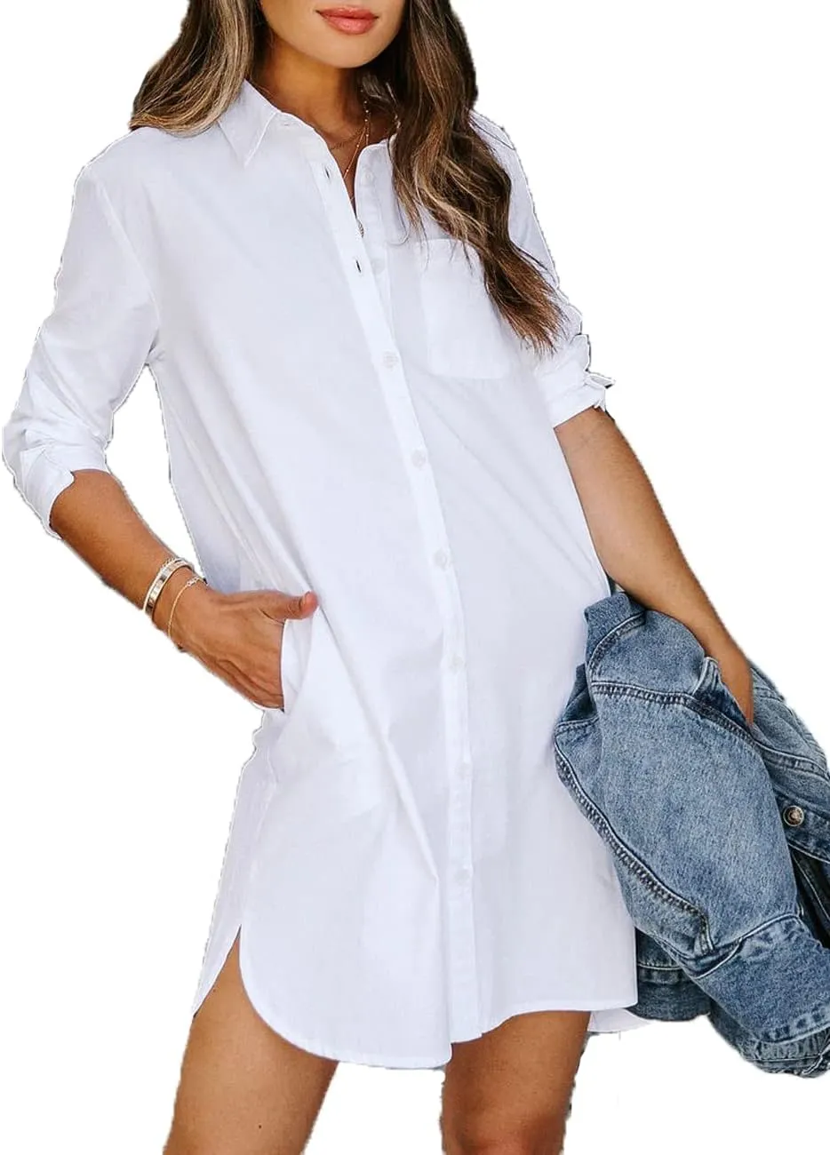 Vasitelan Women Casual Button Down Shirts Cotton Long Sleeve Blouses Tops with Pocket Mini Dress