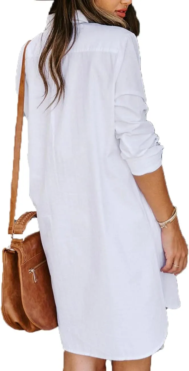 Vasitelan Women Casual Button Down Shirts Cotton Long Sleeve Blouses Tops with Pocket Mini Dress