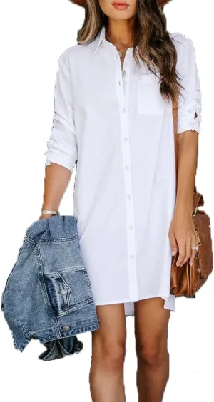 Vasitelan Women Casual Button Down Shirts Cotton Long Sleeve Blouses Tops with Pocket Mini Dress