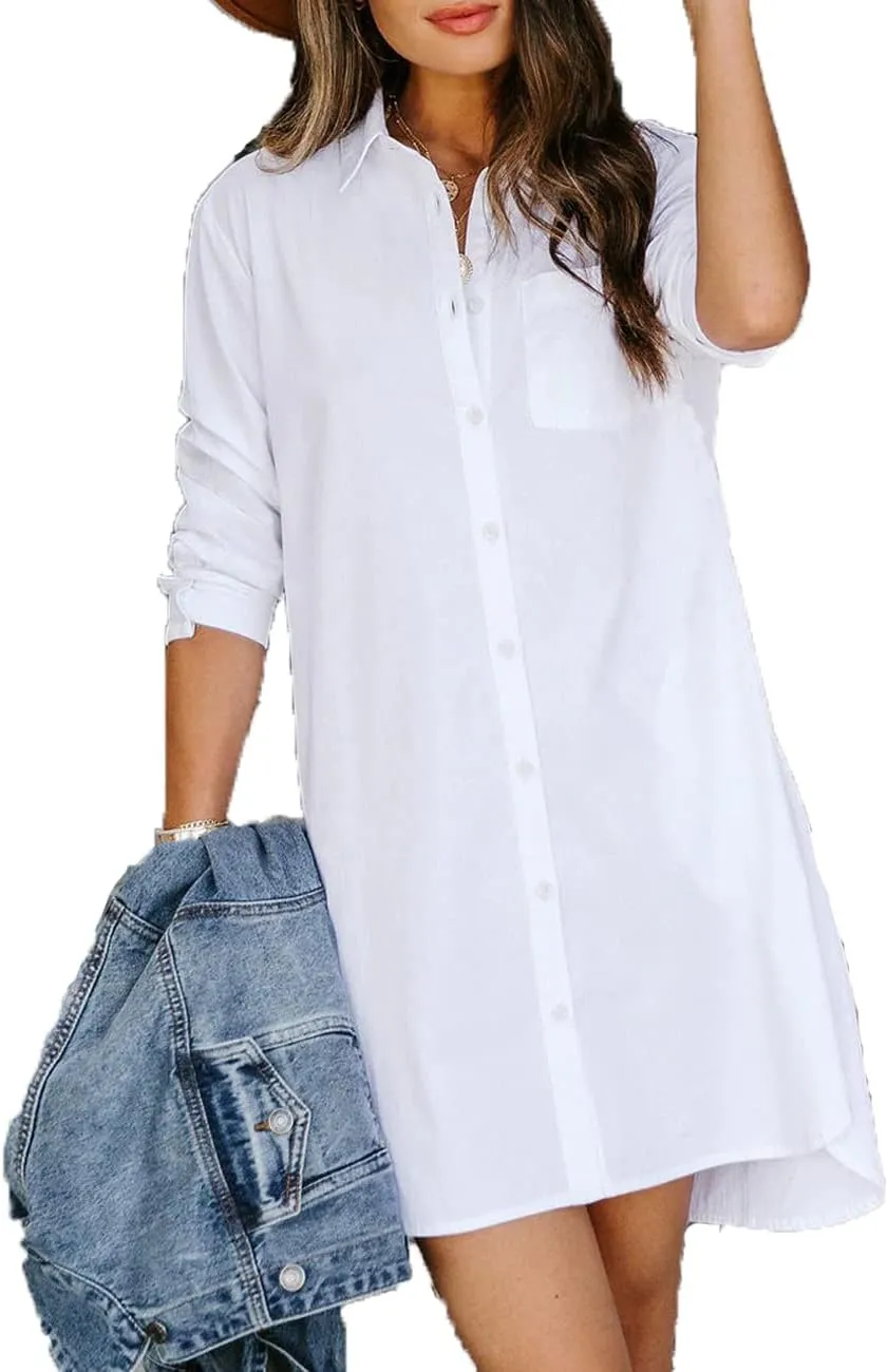 Vasitelan Women Casual Button Down Shirts Cotton Long Sleeve Blouses Tops with Pocket Mini Dress