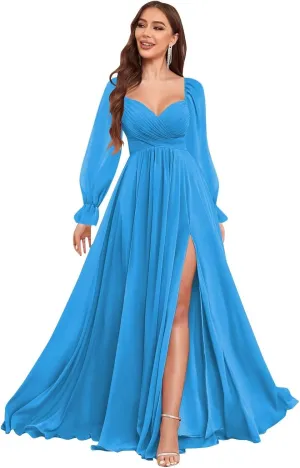 VCCICANY Long Sleeve Bridesmaid Dresses for Women Chiffon Pleated Formal Evening Gowns with Slit