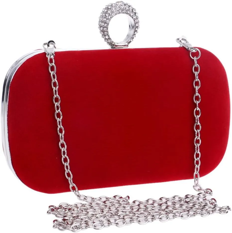 Velvet Women Evening Bags Finger Ring Crystal Clutches Chain Mini Party Wedding Bridal Shoulder Handbags