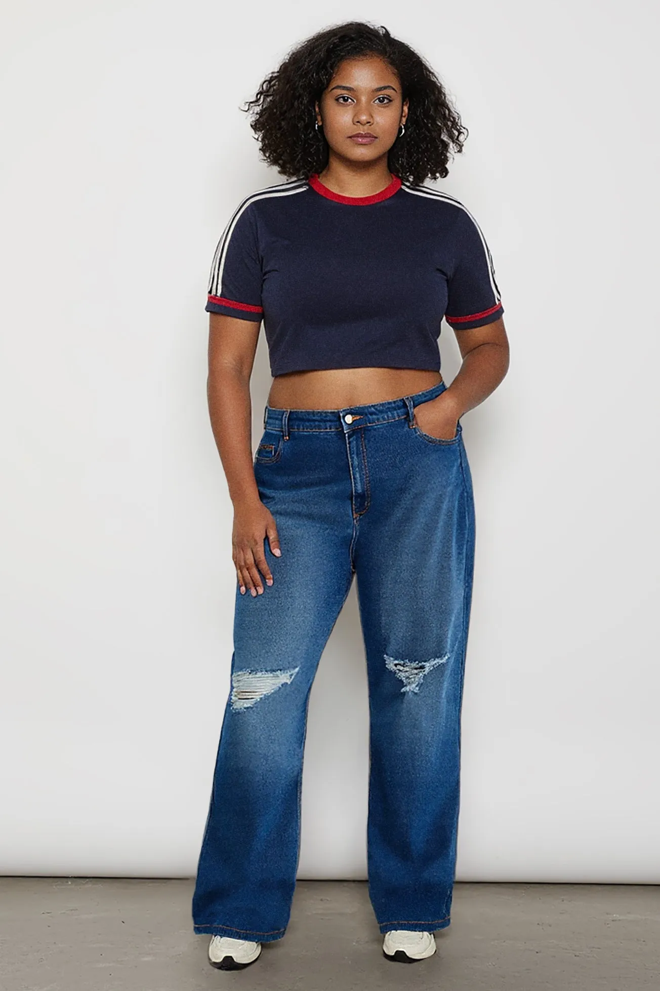 Vivid Blue Distressed Curve Wide Jeans