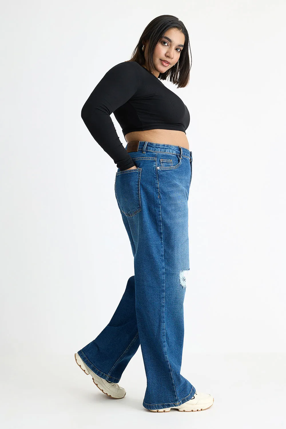 Vivid Blue Distressed Curve Wide Jeans