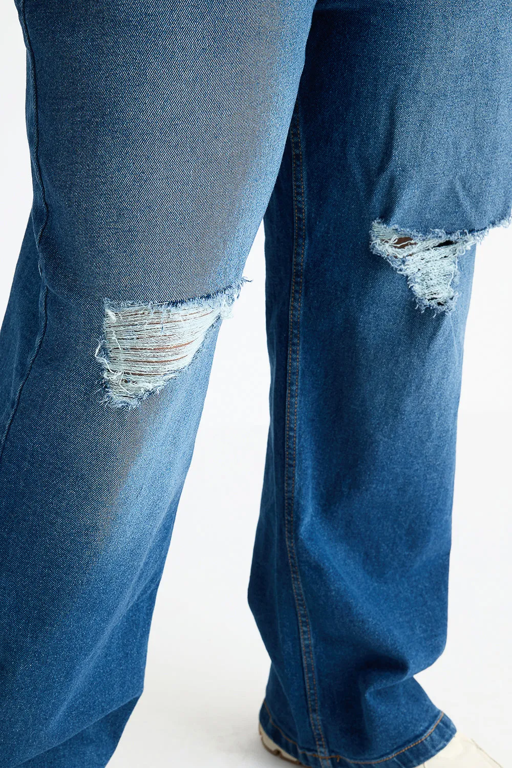 Vivid Blue Distressed Curve Wide Jeans