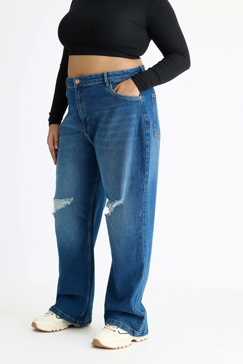 Vivid Blue Distressed Curve Wide Jeans