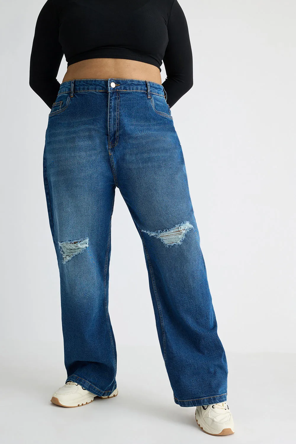 Vivid Blue Distressed Curve Wide Jeans