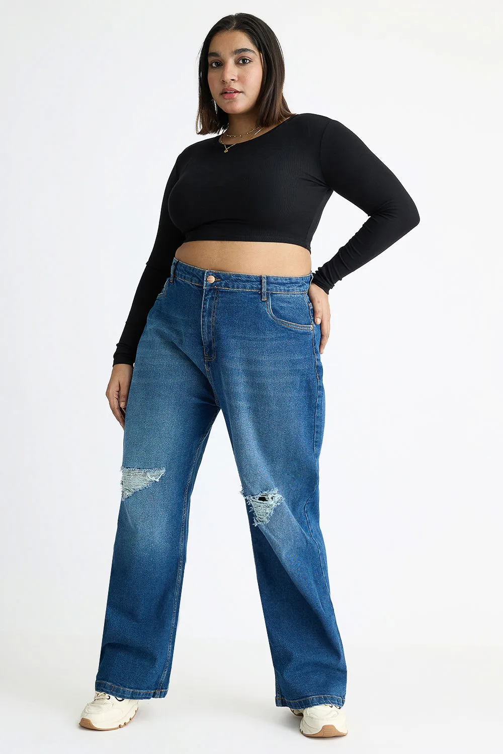 Vivid Blue Distressed Curve Wide Jeans