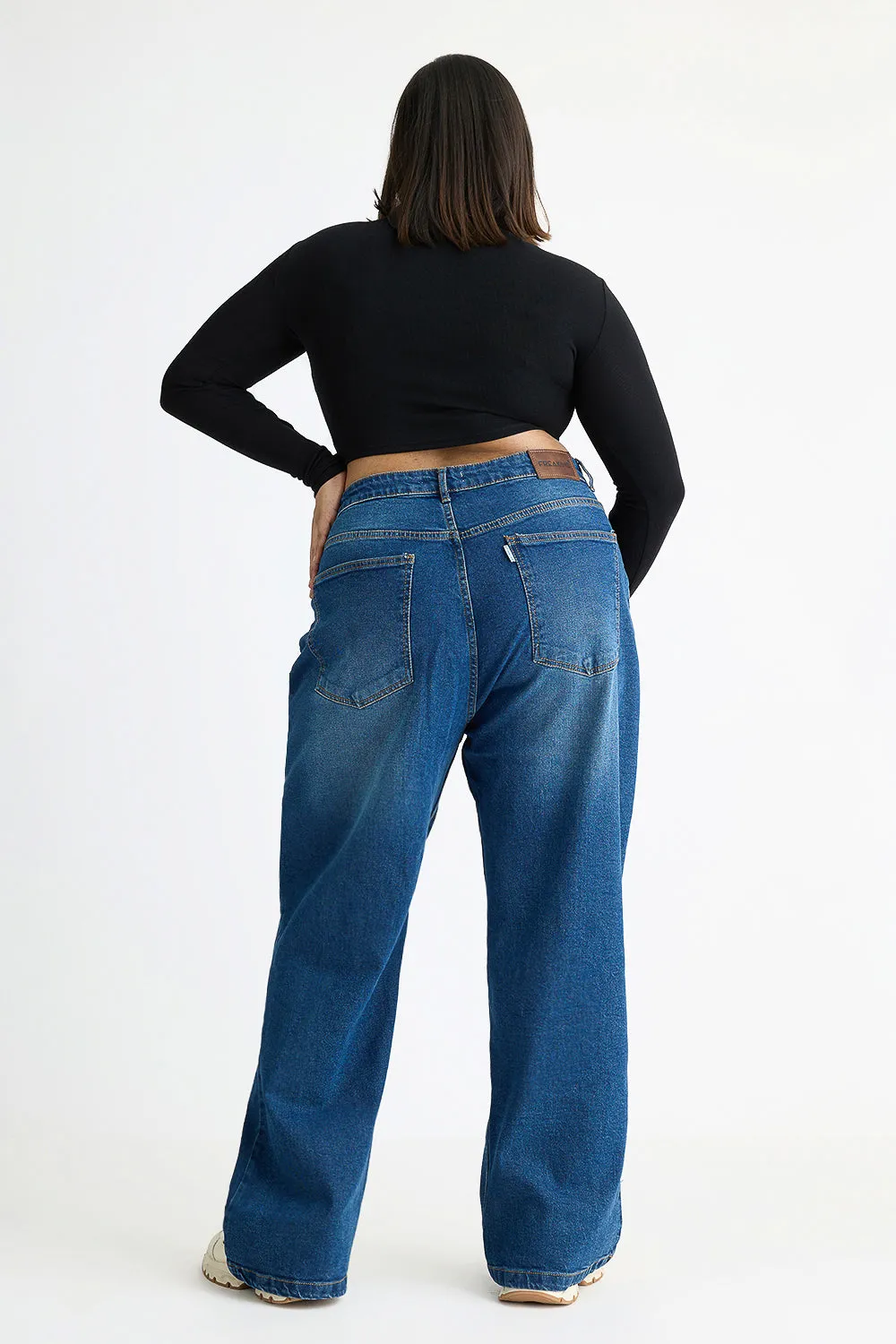Vivid Blue Distressed Curve Wide Jeans