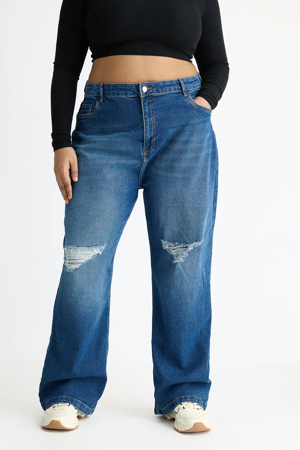 Vivid Blue Distressed Curve Wide Jeans