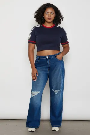 Vivid Blue Distressed Curve Wide Jeans