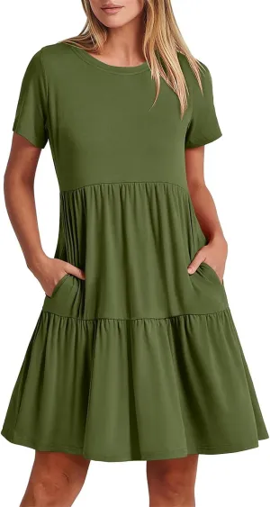 Wankang T Shirt Dresses for Women Summer Casual Short Sleeve Tiered Mini Tshirt Dresses Flowy Tunic Dress Beach Sundresses