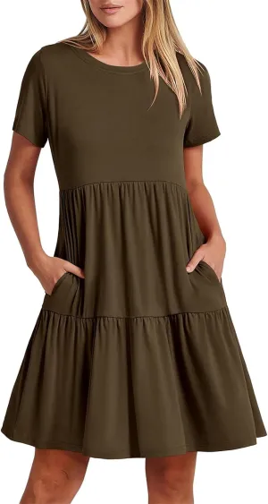 Wankang T Shirt Dresses for Women Summer Casual Short Sleeve Tiered Mini Tshirt Dresses Flowy Tunic Dress Beach Sundresses