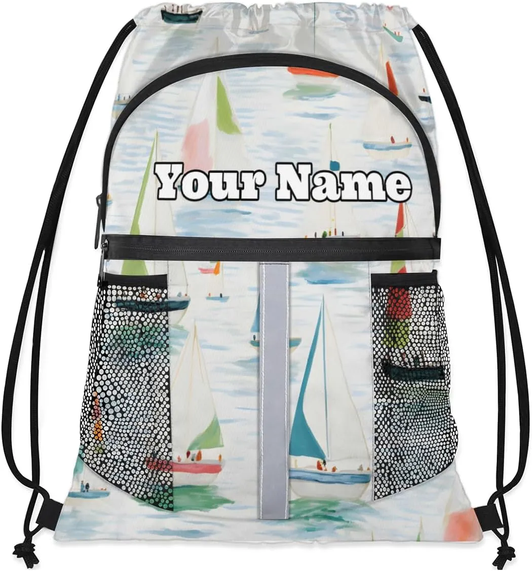 Watercolor Sailboat Custom Drawstring Backpack Personalized Dance Bags Lightweight Backpacks for Men Women Adults Mini Gym Sports Swim Travel Drawstring Bag