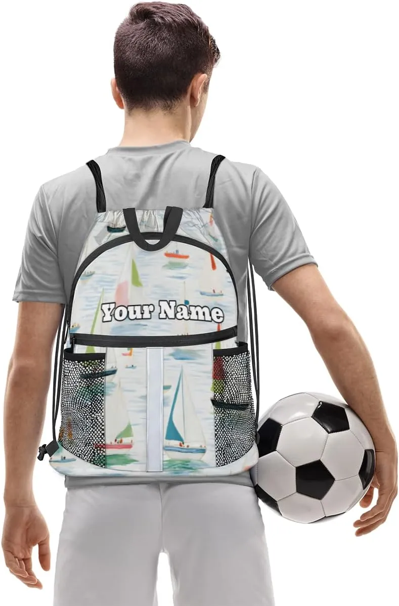 Watercolor Sailboat Custom Drawstring Backpack Personalized Dance Bags Lightweight Backpacks for Men Women Adults Mini Gym Sports Swim Travel Drawstring Bag