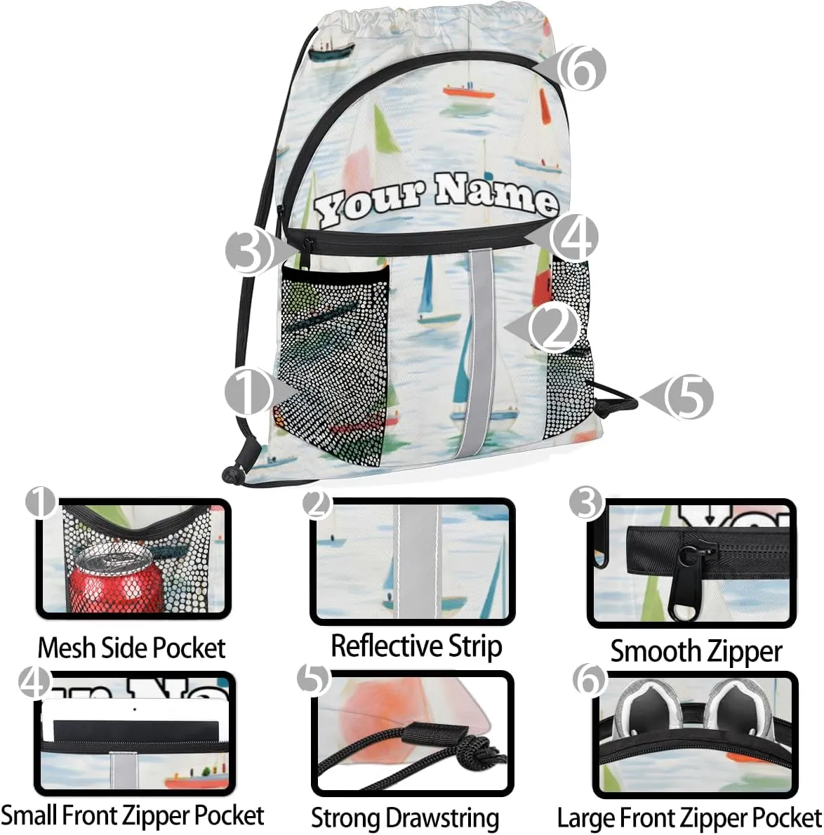 Watercolor Sailboat Custom Drawstring Backpack Personalized Dance Bags Lightweight Backpacks for Men Women Adults Mini Gym Sports Swim Travel Drawstring Bag