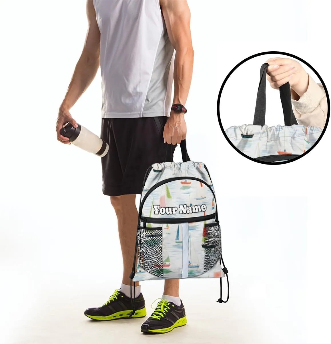 Watercolor Sailboat Custom Drawstring Backpack Personalized Dance Bags Lightweight Backpacks for Men Women Adults Mini Gym Sports Swim Travel Drawstring Bag