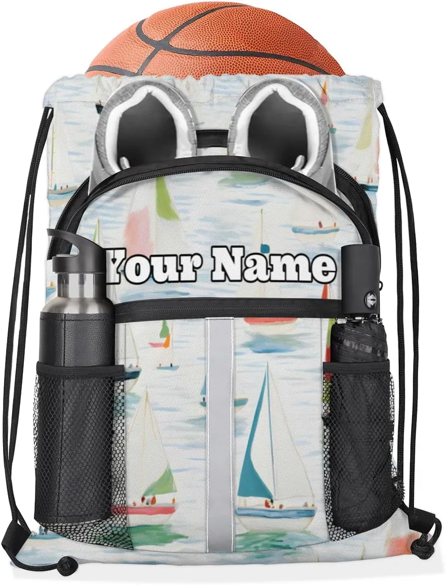 Watercolor Sailboat Custom Drawstring Backpack Personalized Dance Bags Lightweight Backpacks for Men Women Adults Mini Gym Sports Swim Travel Drawstring Bag