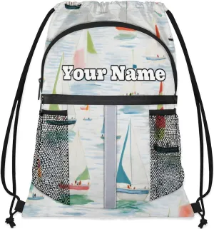Watercolor Sailboat Custom Drawstring Backpack Personalized Dance Bags Lightweight Backpacks for Men Women Adults Mini Gym Sports Swim Travel Drawstring Bag