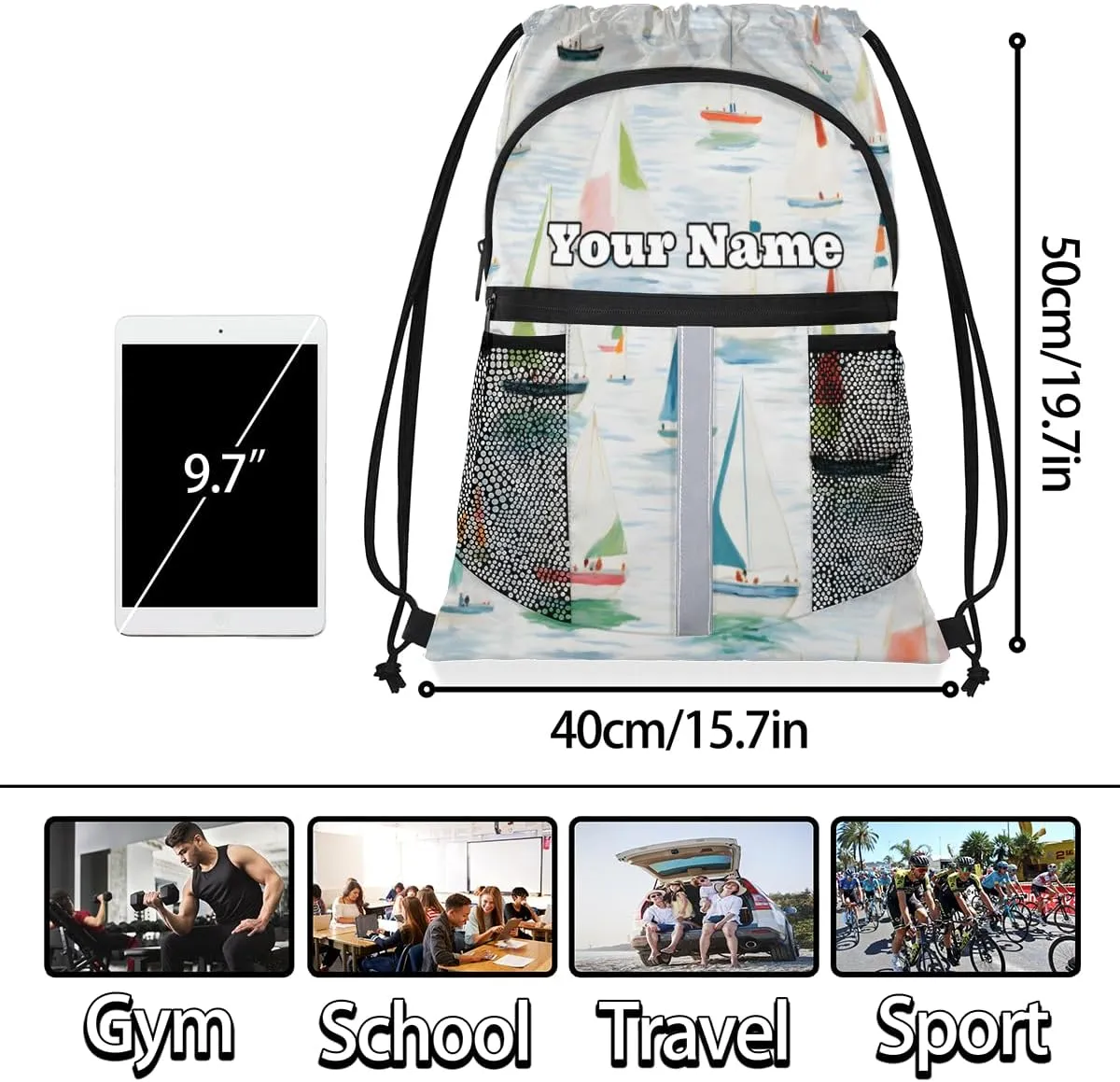 Watercolor Sailboat Custom Drawstring Backpack Personalized Dance Bags Lightweight Backpacks for Men Women Adults Mini Gym Sports Swim Travel Drawstring Bag