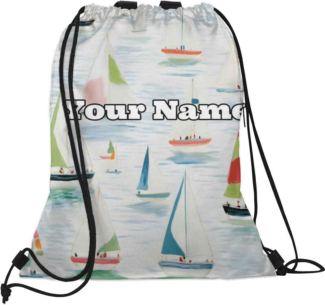 Watercolor Sailboat Custom Drawstring Backpack Personalized Dance Bags Lightweight Backpacks for Men Women Adults Mini Gym Sports Swim Travel Drawstring Bag