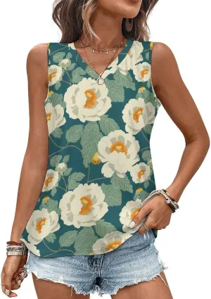 White Flowers Women's Tank Top Sleeveless V Neck T Shirt Casual Vests Funny Blouses
