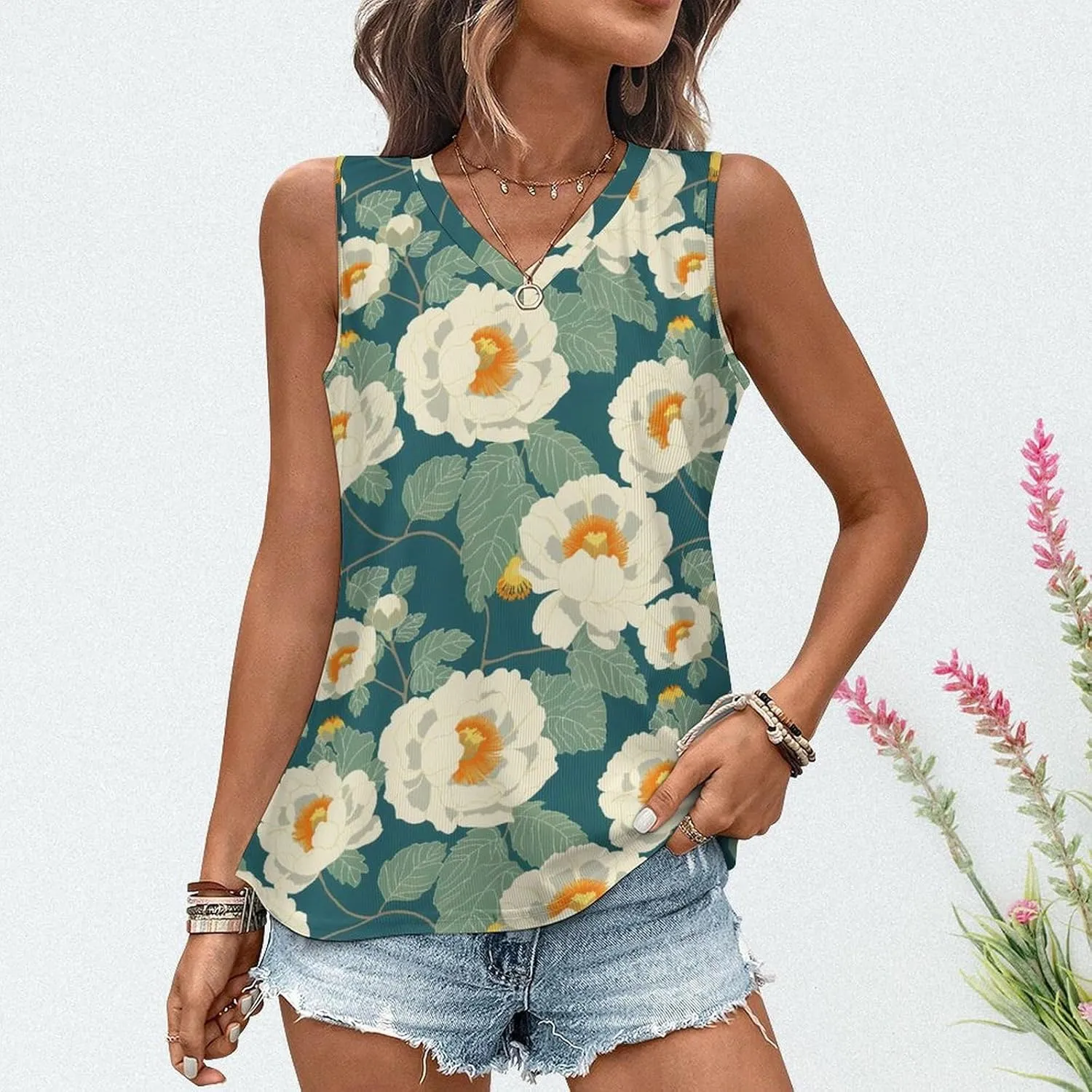 White Flowers Women's Tank Top Sleeveless V Neck T Shirt Casual Vests Funny Blouses