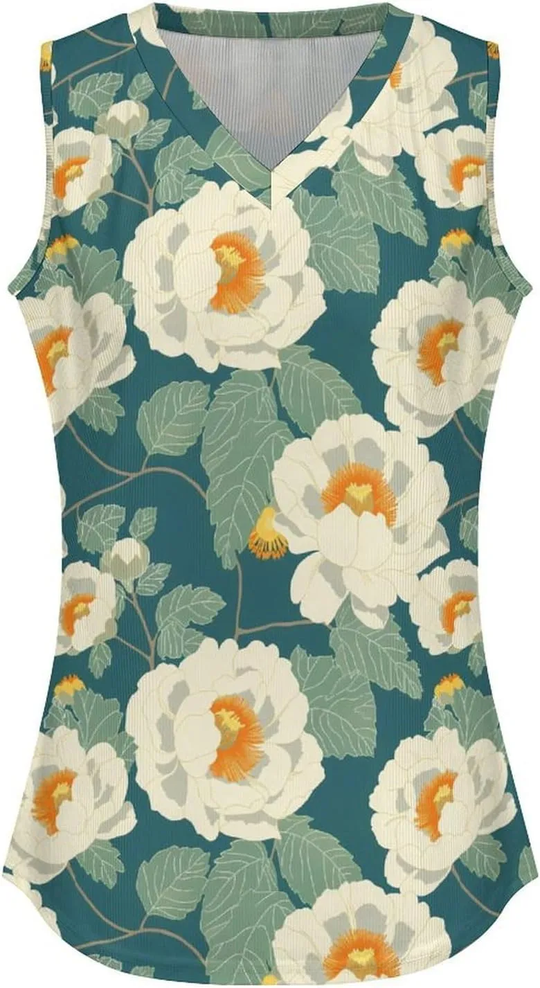 White Flowers Women's Tank Top Sleeveless V Neck T Shirt Casual Vests Funny Blouses
