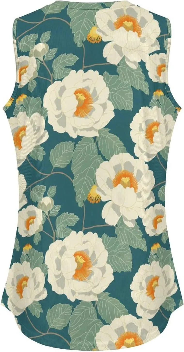 White Flowers Women's Tank Top Sleeveless V Neck T Shirt Casual Vests Funny Blouses