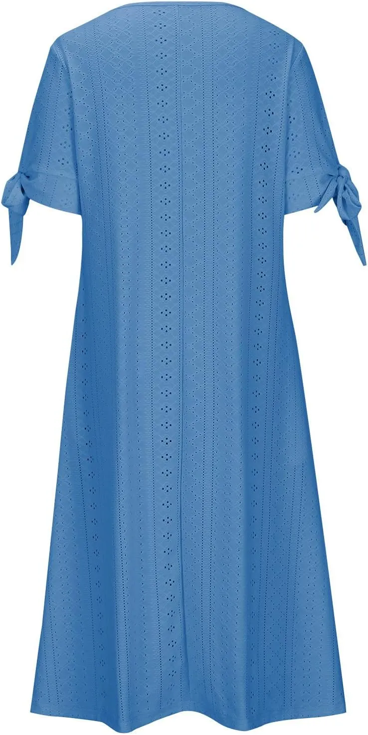 Wkishenl Summer Dresses for Women 2025 Vacation Plus Size Long Maxi Dress Short Sleeve V Neck Button Sundresses with Pockets