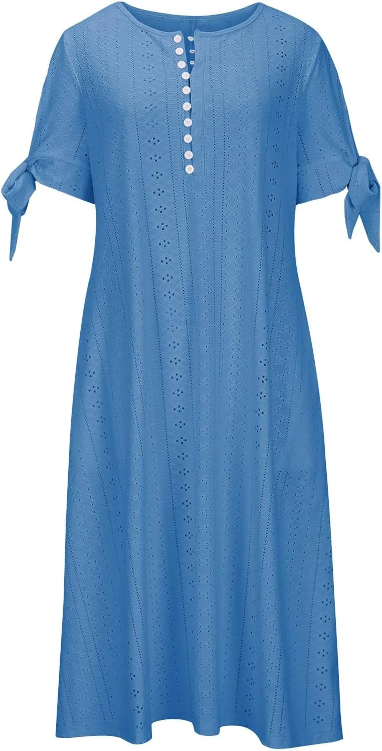 Wkishenl Summer Dresses for Women 2025 Vacation Plus Size Long Maxi Dress Short Sleeve V Neck Button Sundresses with Pockets