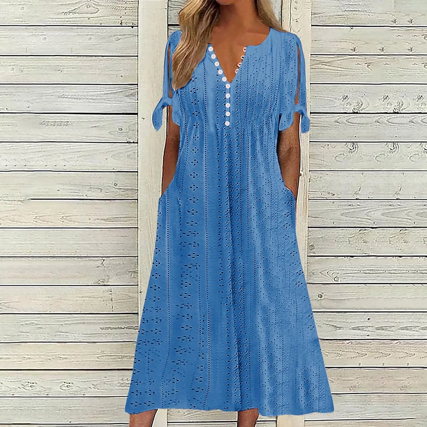 Wkishenl Summer Dresses for Women 2025 Vacation Plus Size Long Maxi Dress Short Sleeve V Neck Button Sundresses with Pockets