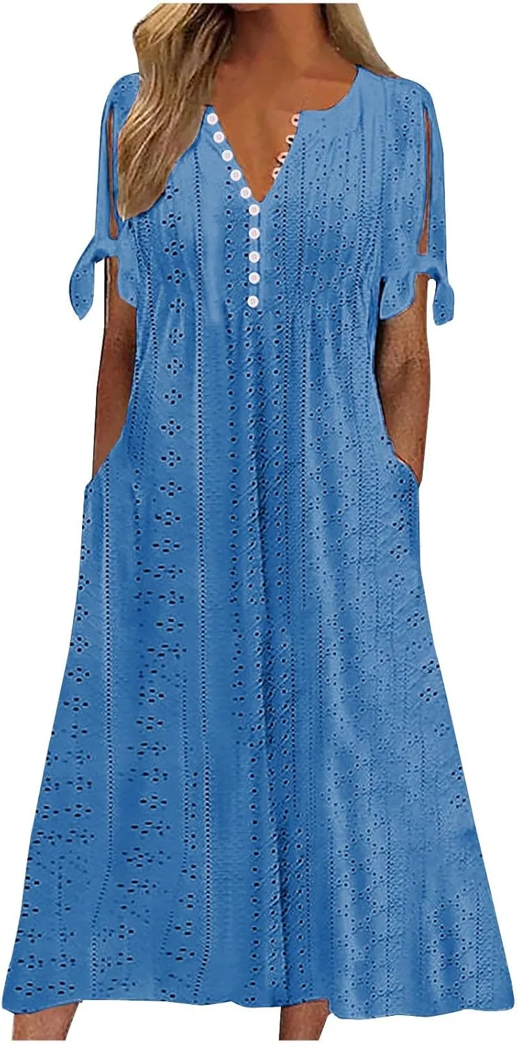 Wkishenl Summer Dresses for Women 2025 Vacation Plus Size Long Maxi Dress Short Sleeve V Neck Button Sundresses with Pockets