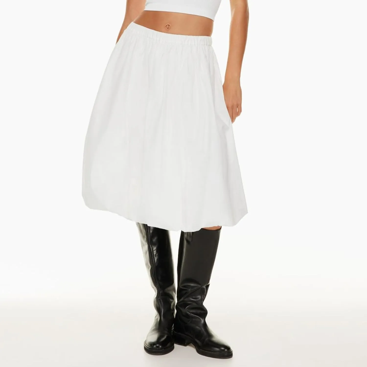 Women Bubble Summer Long Skirt A-Line Casual Solid Elastic Waist Pleated Beach Vacation Club Midi Skirt Streetwear