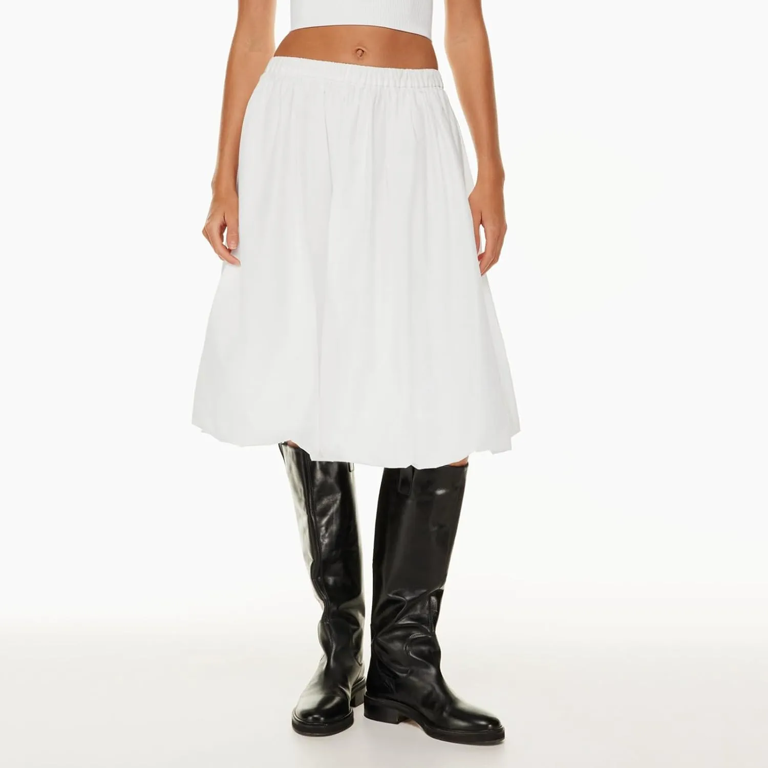 Women Bubble Summer Long Skirt A-Line Casual Solid Elastic Waist Pleated Beach Vacation Club Midi Skirt Streetwear