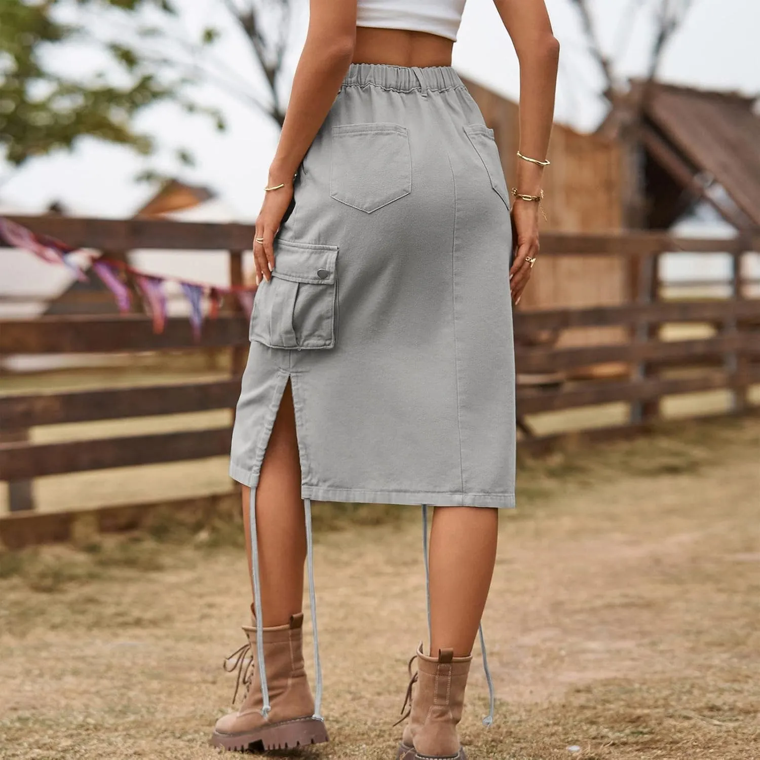 Women Cargo Midi Denim Skirt High Waisted Skirts Summer Skirt with Pocket Beach A Line Dress for Women Half Work