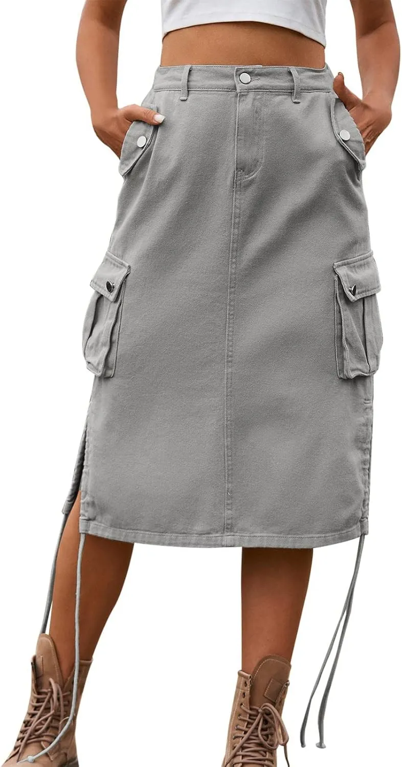 Women Cargo Midi Denim Skirt High Waisted Skirts Summer Skirt with Pocket Beach A Line Dress for Women Half Work