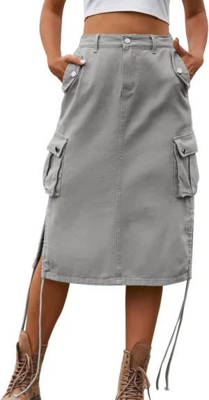 Women Cargo Midi Denim Skirt High Waisted Skirts Summer Skirt with Pocket Beach A Line Dress for Women Half Work