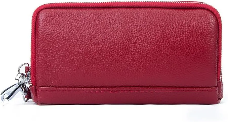 Women Clutch Purse Genuine Leather Double Zipper Money Purses Card Holder Phone Clutches with Wrist Strap (Wine Red)
