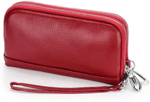 Women Clutch Purse Genuine Leather Double Zipper Money Purses Card Holder Phone Clutches with Wrist Strap (Wine Red)